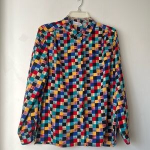 Vintage 90s Alfred Dunner Colorful Checkerboard Button Front Blouse 12